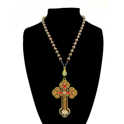 HTISOK Orthodox Crucifix Gold Cross Necklace Wooden Rosary Beaded Chain Religious Jesus Prayer Jewelry