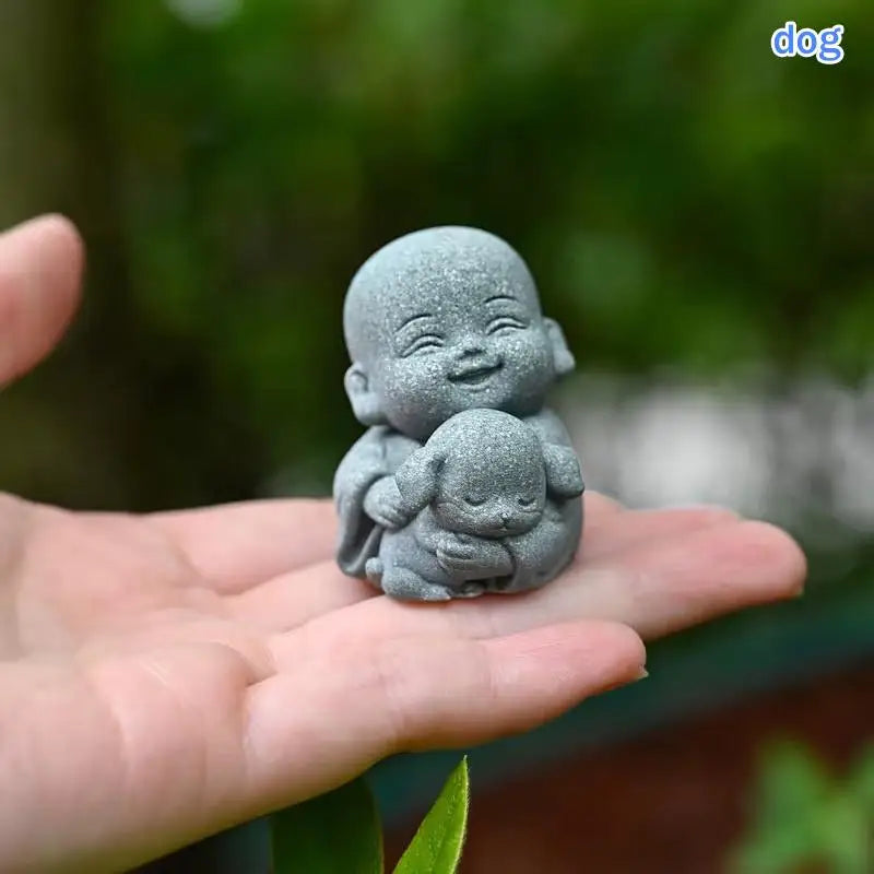 §Embracing Animal Monk Statue, Resin, Stone Zen Garden Decoration, Serene Smiling Sculpture