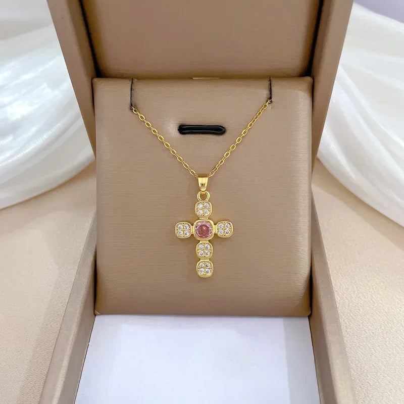 Exquisite Gold Color Stainless Steel Inlaid Crystal Cross Pendant Necklace for Women Men Luxury Full of Zircon Chokers Jewelry