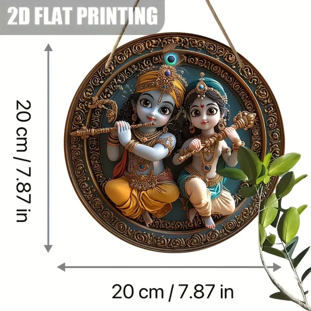 Krisha Creations12 Inch Round Krishna Radha Wooden Wall Hanger Religious Hindu God Gift Spiritual Home Decor for Door Pooja Room