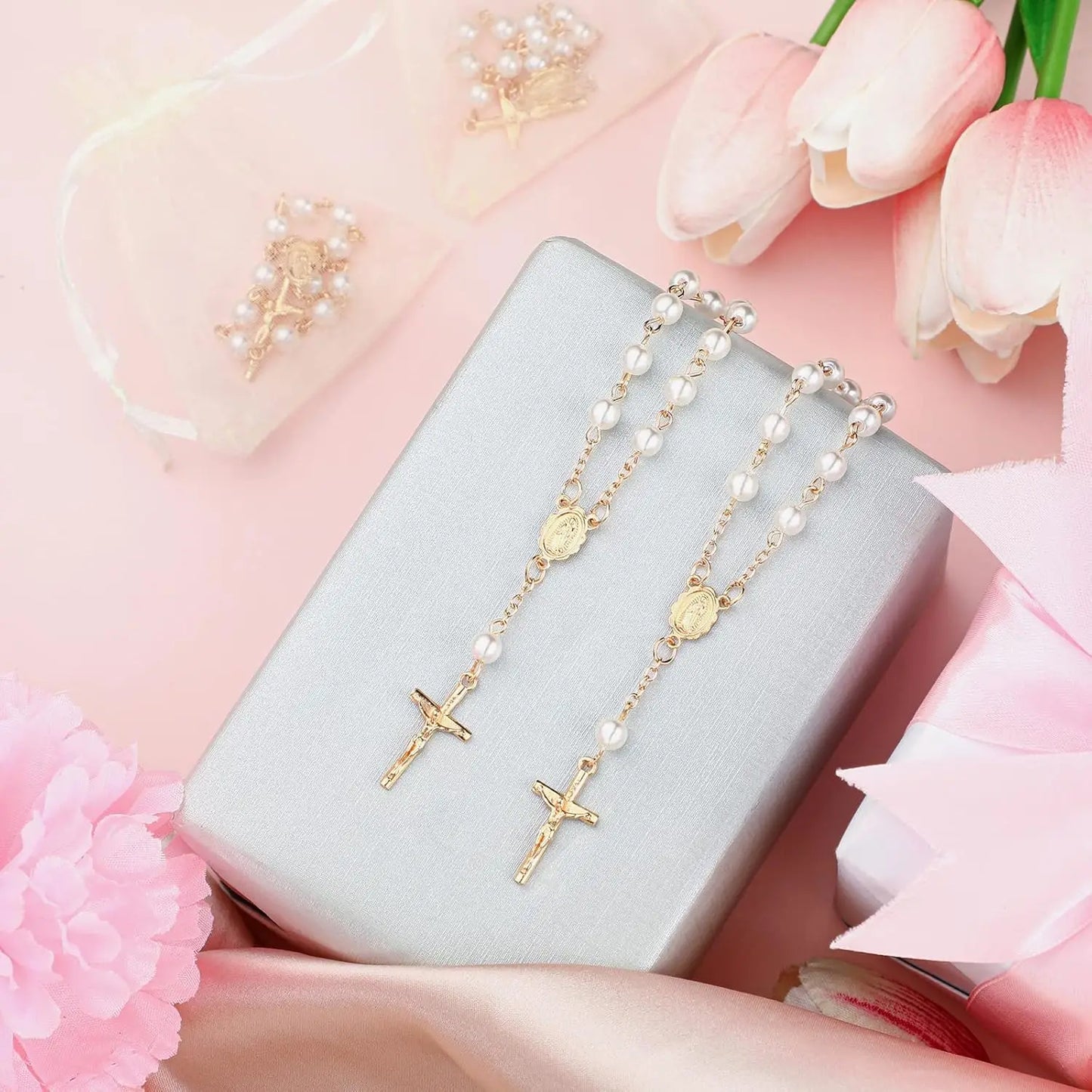 10-60 Pieces Mini Rosary Favors Baptism Favors Acrylic Rosary Beads Finger Baptism Rosaries with Organza Bags for Christening
