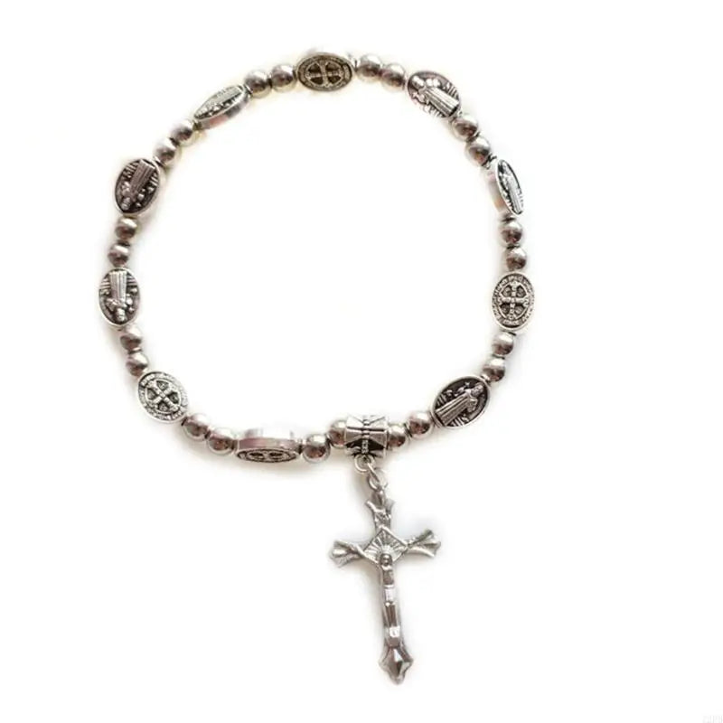 12PD Crystal Beads Stretch Rosary Bracelets with Crucifix Pendants Prayer Bracelets for Men Women Unisex Jewelry