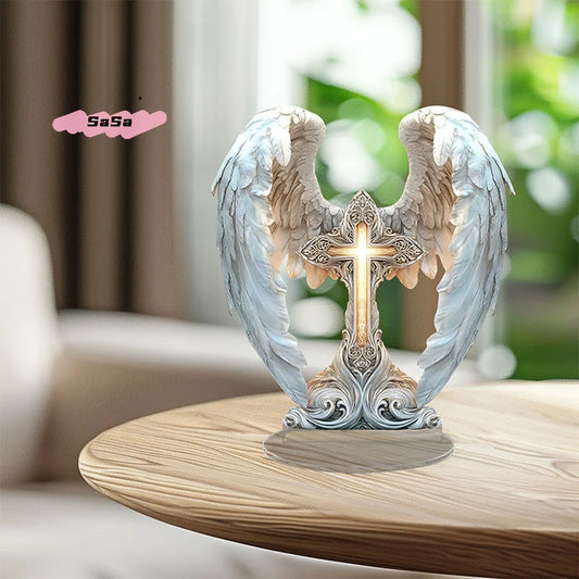 S-1Pc Sacred Heart Of Jesus Angel Acrylic Ornament - Traditional Religious Art Decor with Base for Home Desktop Display