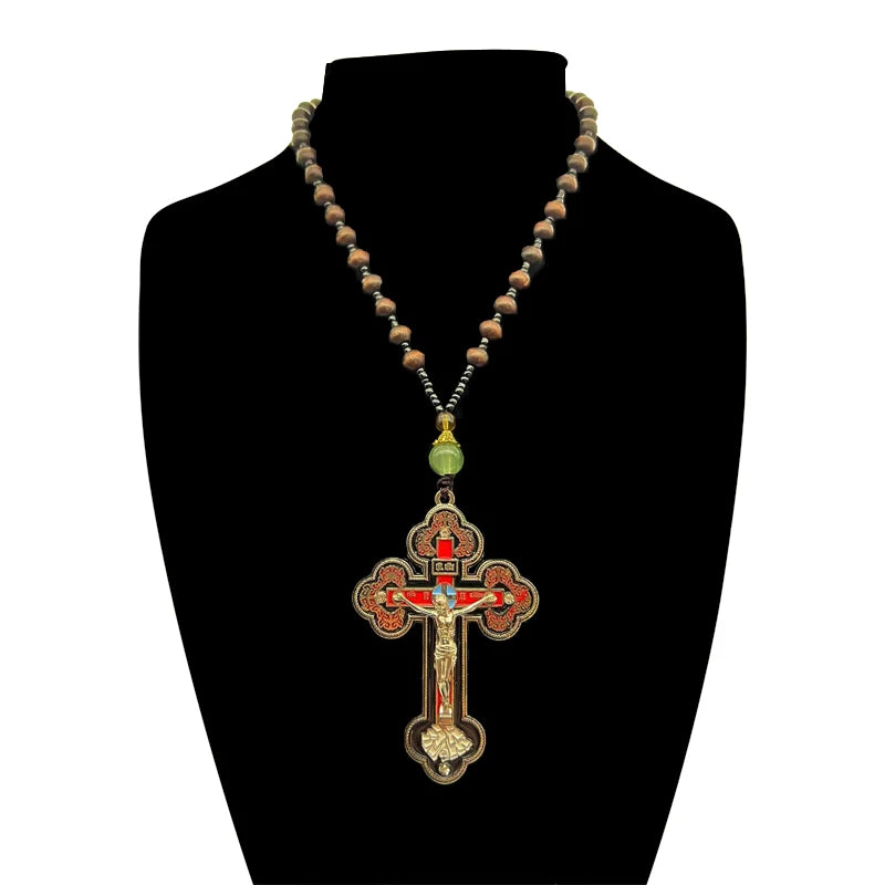 HTISOK Orthodox Crucifix Gold Cross Necklace Wooden Rosary Beaded Chain Religious Jesus Prayer Jewelry