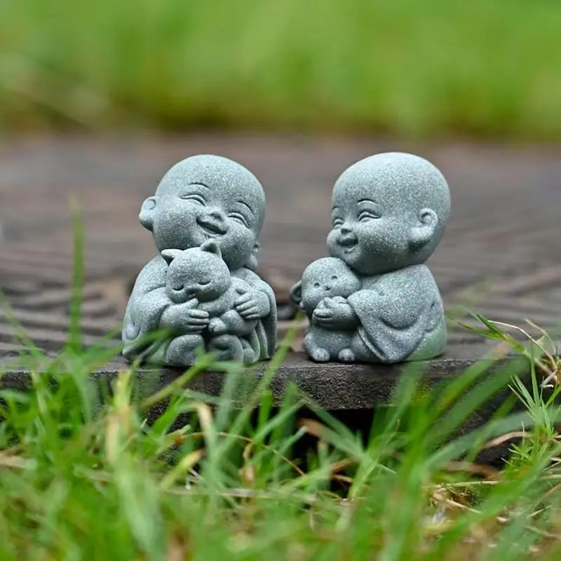 ✔Embracing Animal Monk Statue,Sandstone Finish Zen Baby Buddha Figurine,Mini Spiritual Decor for Home,Office & Garden