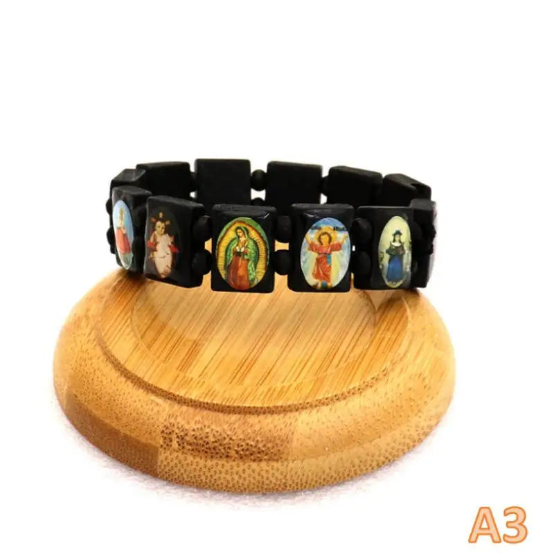 Wooden Rosary Bracelet - Elegant Religious Icon Stickers, Drip Oil Finish, Spiritual Beaded Prayer Jewelry For Devotional Wear_