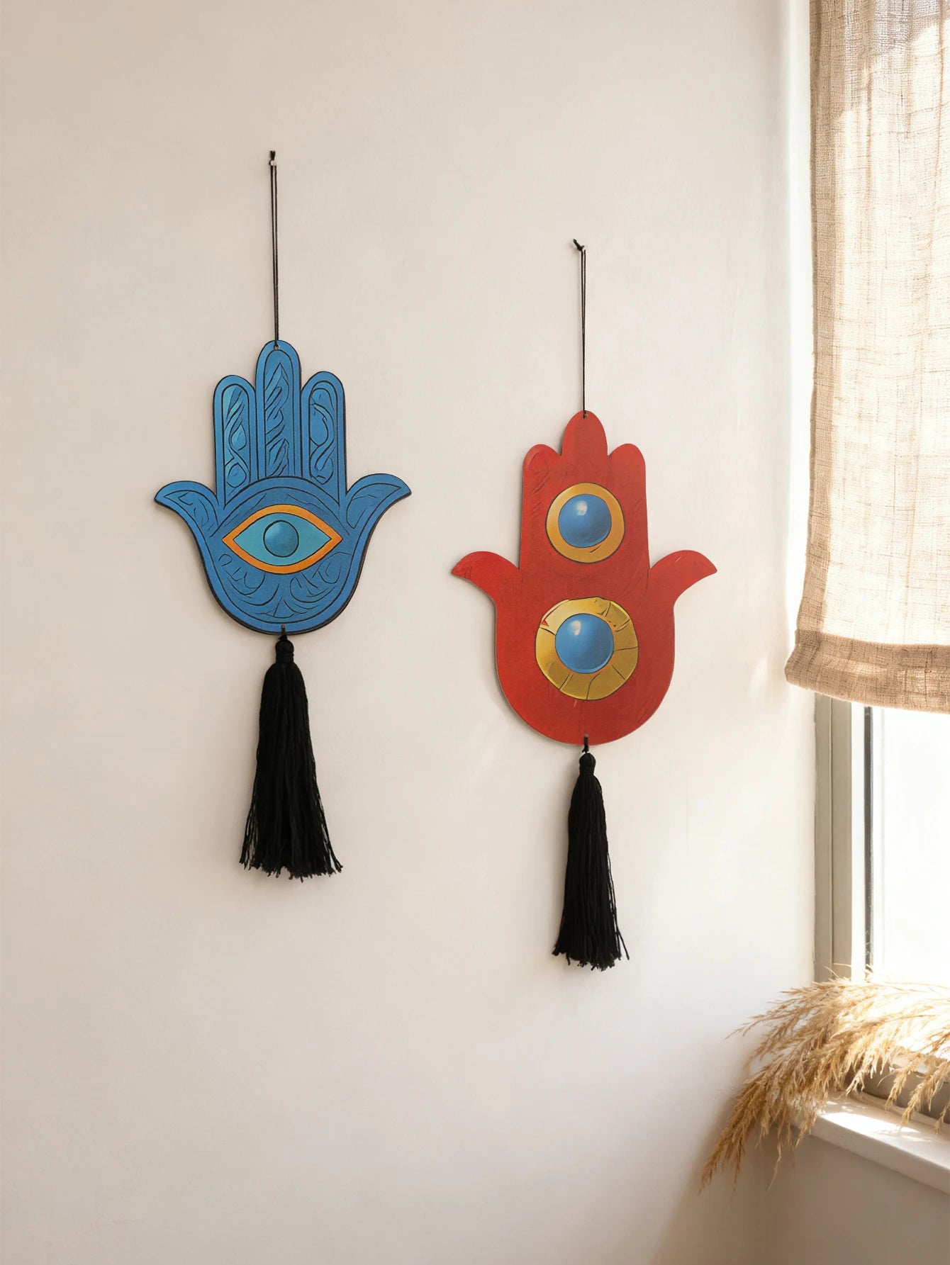 1pc Hamsa Hand Wall Hanging Decor, Blue & Red Evil Eye Tassel Ornaments, Boho Home Decor Pendant, Living Room & Gift Decoration