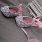 Dollbling Handmade White Pearls Bling Rhinestone Baby Crib Shoes Christening Outfit Wedding Sparkle Organza Baptism 0-3m Shoes