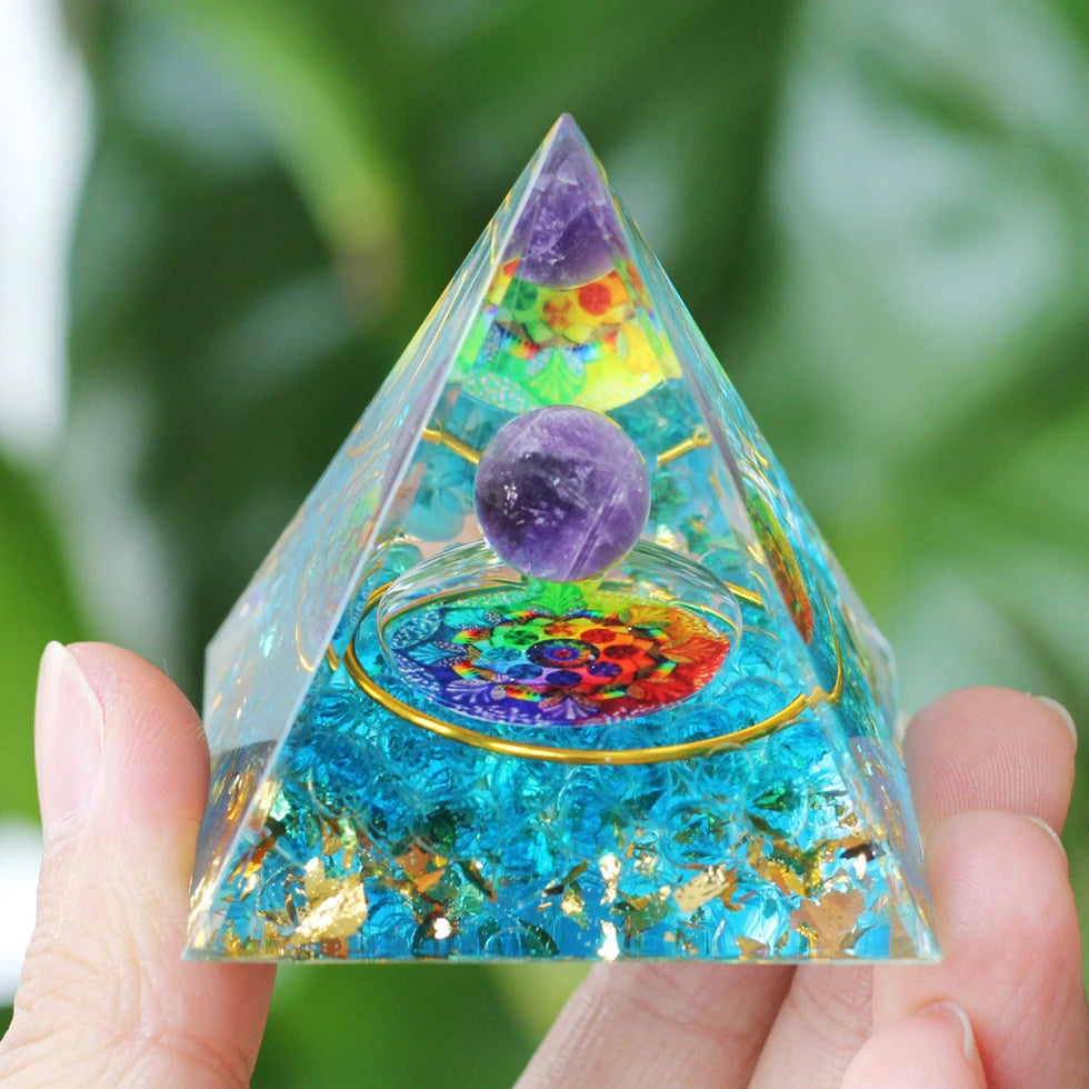 Energy Pyramid Orgonite Reiki Natural Amethyst Ball Healing Crystals Chakra Tool Ornaments Resin Stones Craft Kids Gift Pyramid