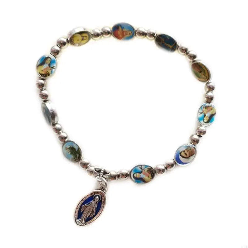 12PD Crystal Beads Stretch Rosary Bracelets with Crucifix Pendants Prayer Bracelets for Men Women Unisex Jewelry