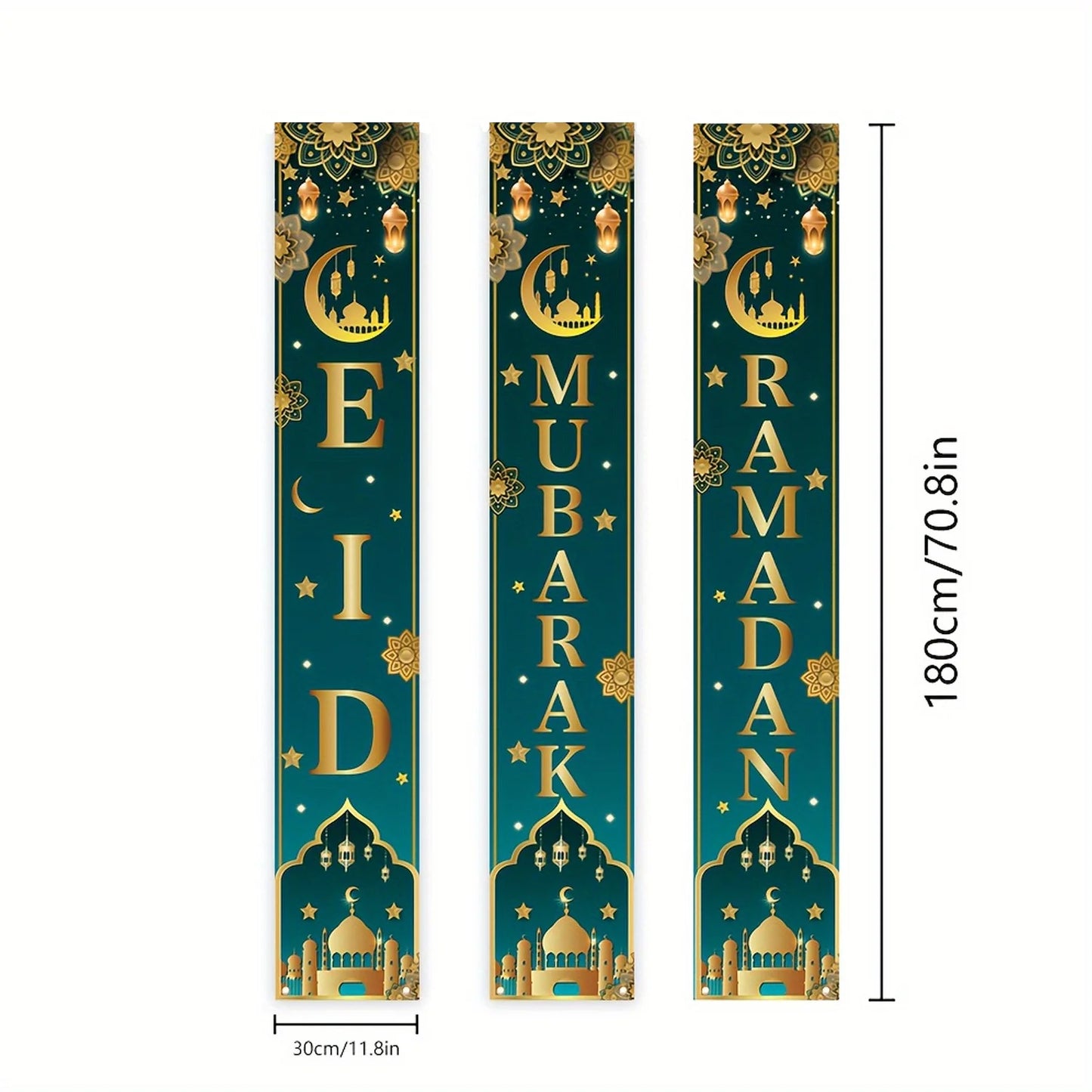 3pcs Eid Al-Fitr Celebration Porch Banner Set Durable Polyester Flags with Moon Star Castle Design  for Ramadan Home Decor