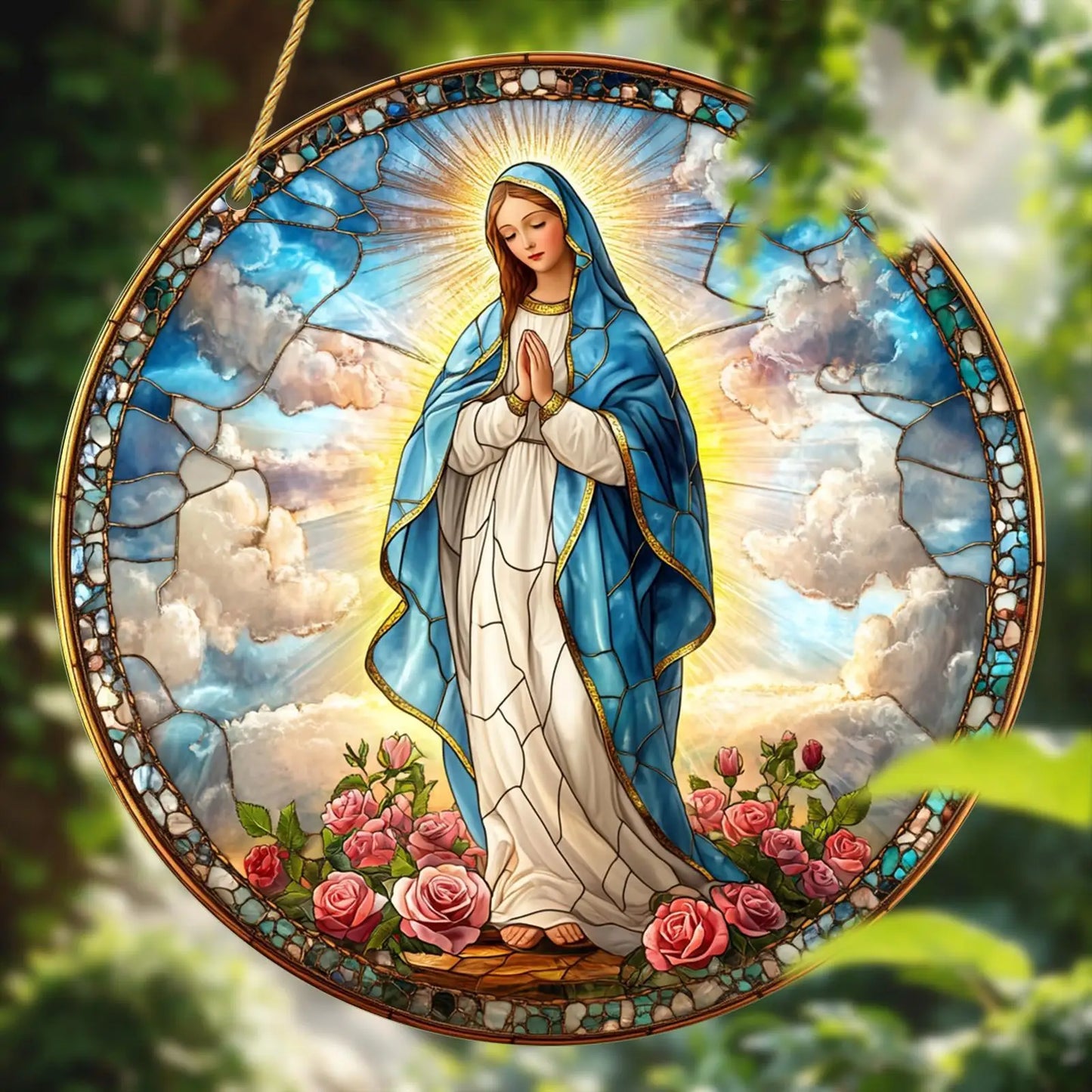 Virgin Mary Suncatcher - Round Acrylic Wall Art, Stained Style Hanging Decor, Ideal for Living Room, Bedroom,Perfect Family Gift