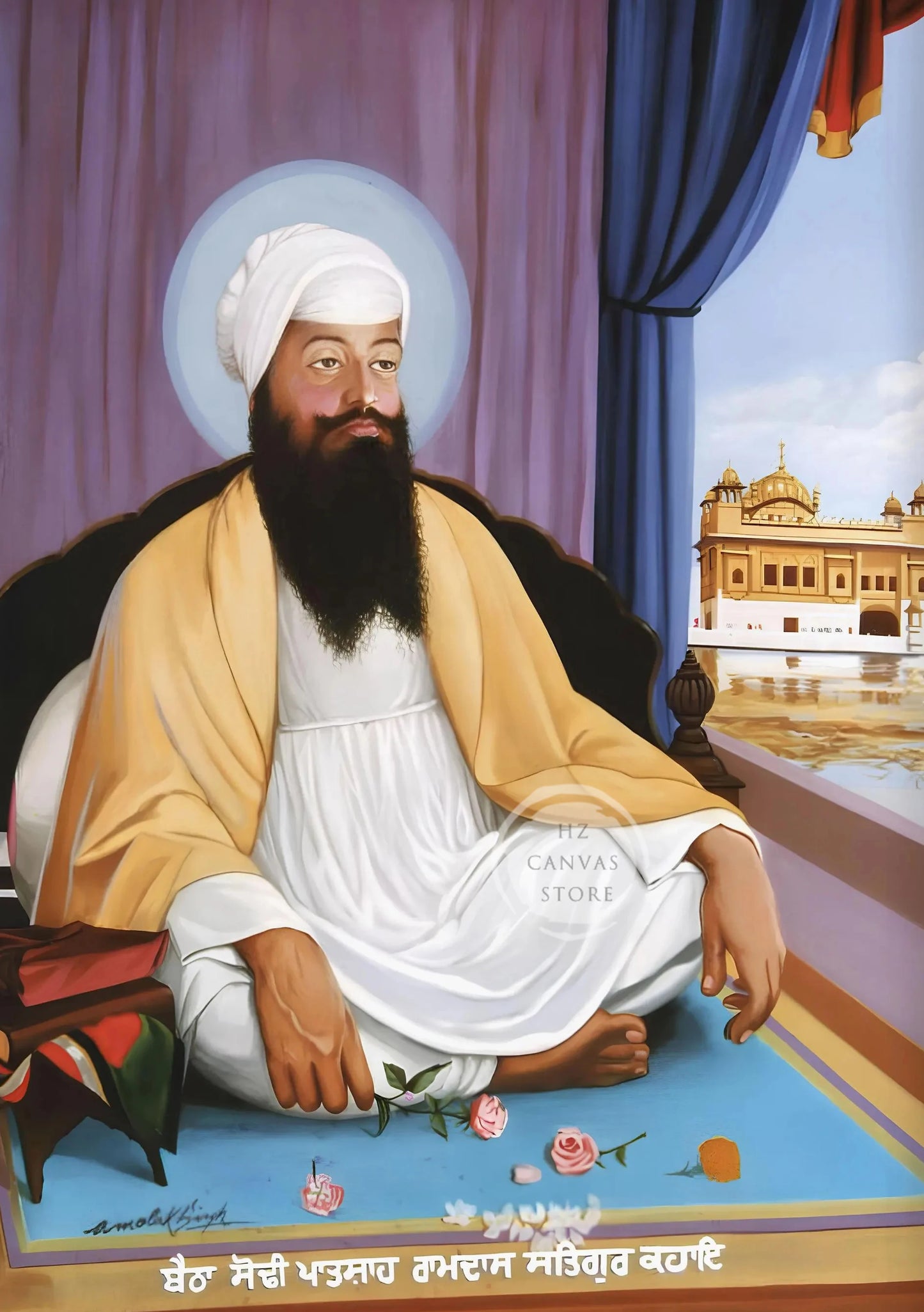 Sikh Historical Art Print of Guru Nanak Dev, Guru Ram Das, Baba Deep Singh & Maharaja Bhupinder Singh Vintage Devotional Poster