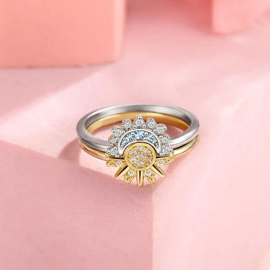 925 Silver Sun and Moon Couple Ring Set Sky Blue Sparkling Cubic Zirconia Rings Promise Fine Jewelry Gifts for Valentines Day