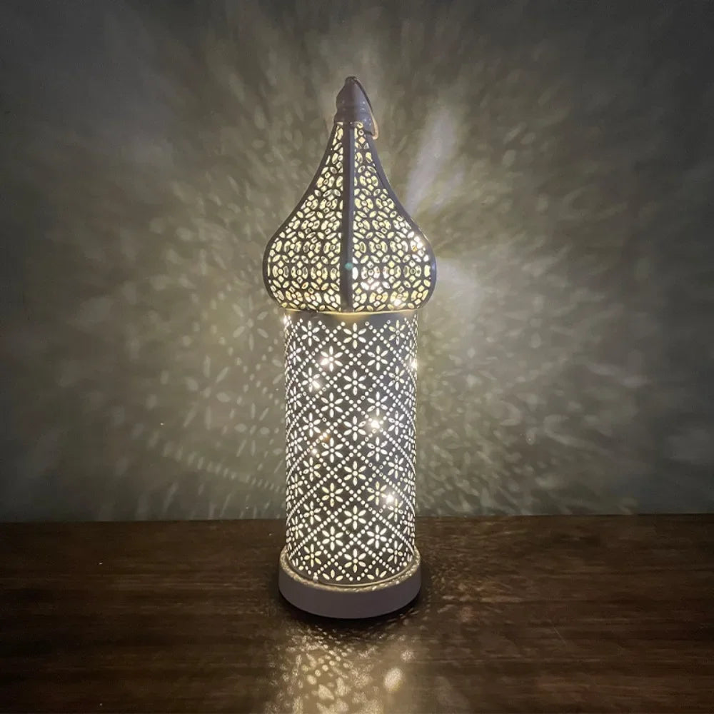 Home Ornament Iron Art Moroccan Night Light Hollow Battery Powered Ramadan LED Light Vintage Masjid Lantern Mosque