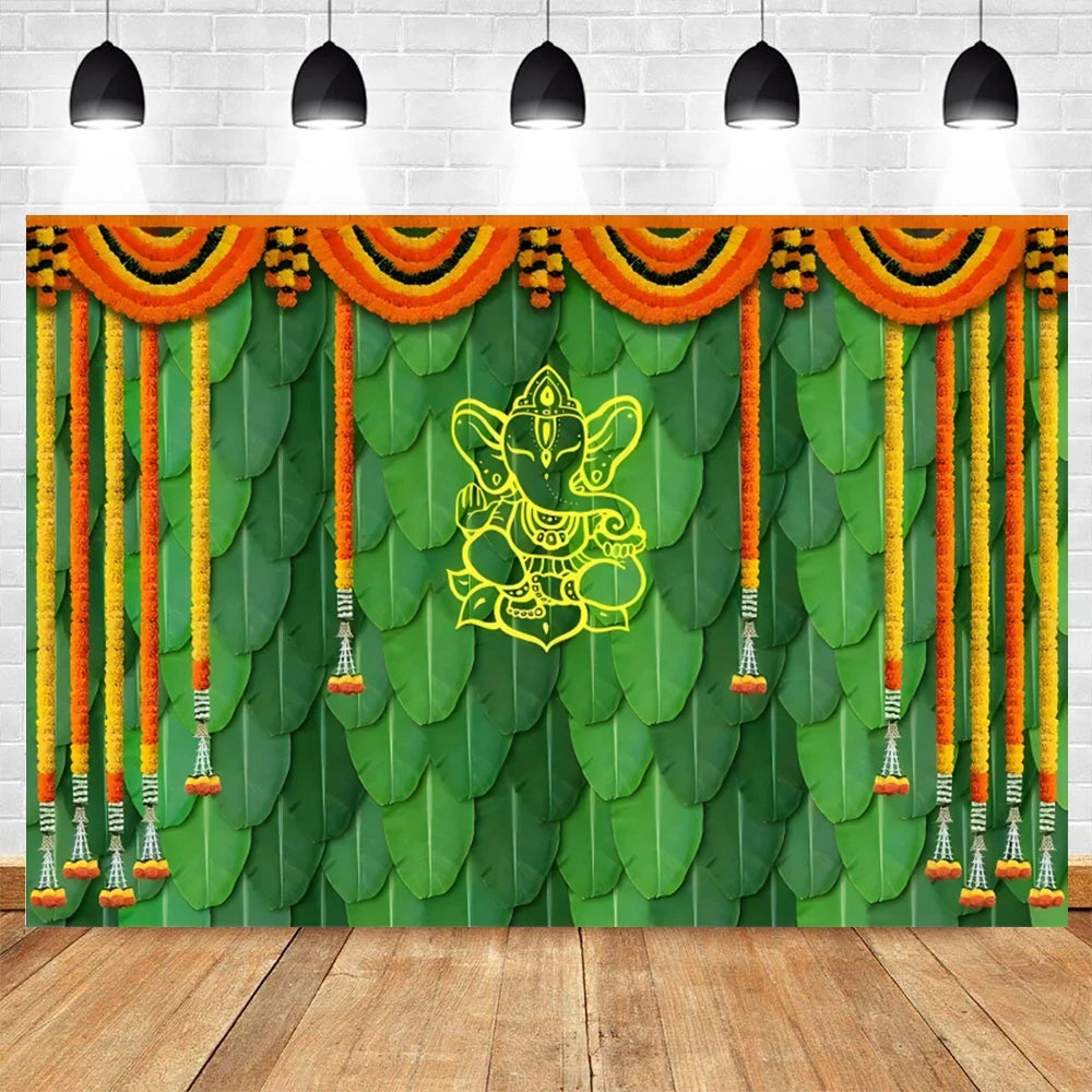 Indian Traditional Photography Background Marigold Green Leaf Hindu Indian Wedding Holi Flowers Garland Anniversary Backdrops