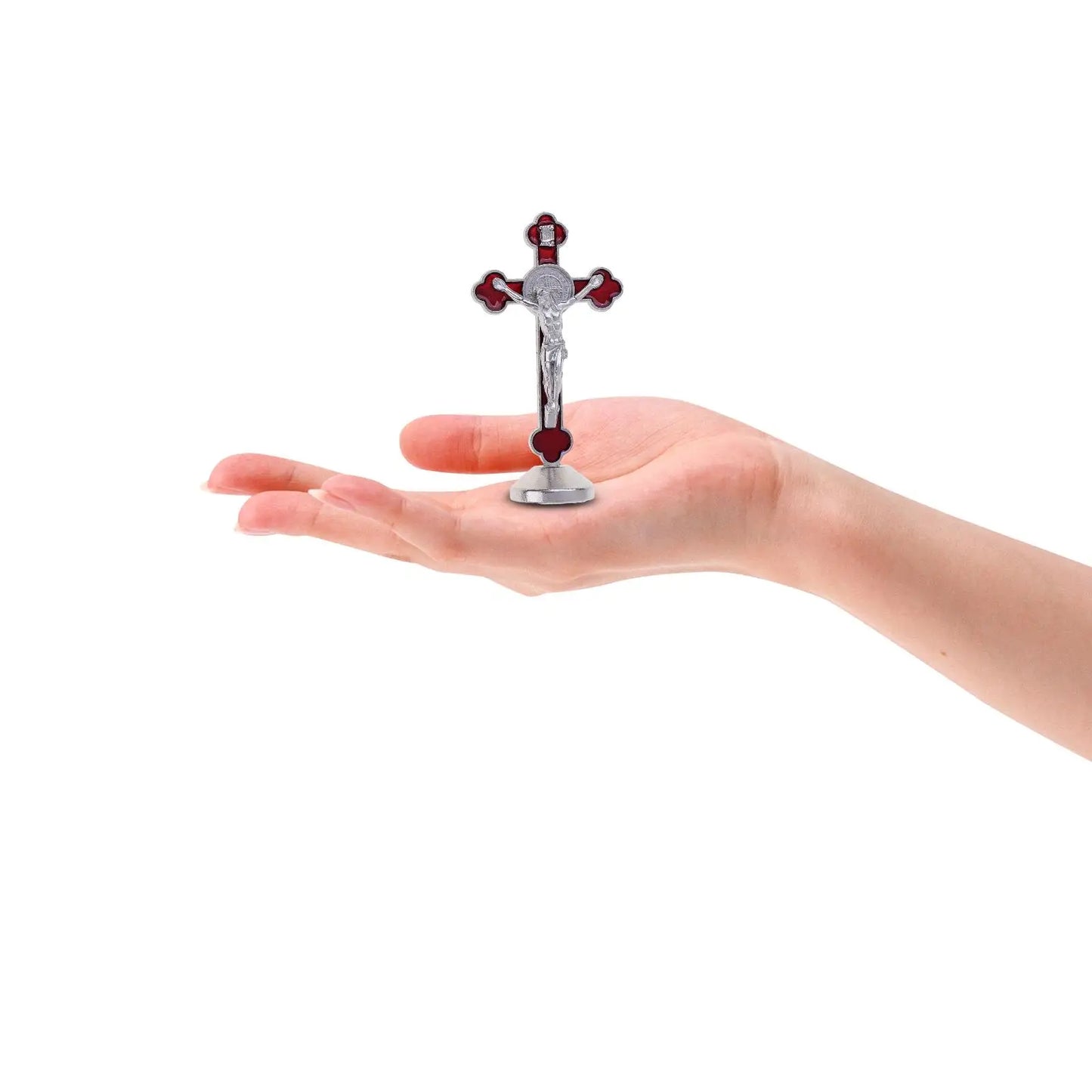 Catholic Crucifix Statue St Benedict Standing Alloy Cross Sculpture for Religious Items Home Decor
