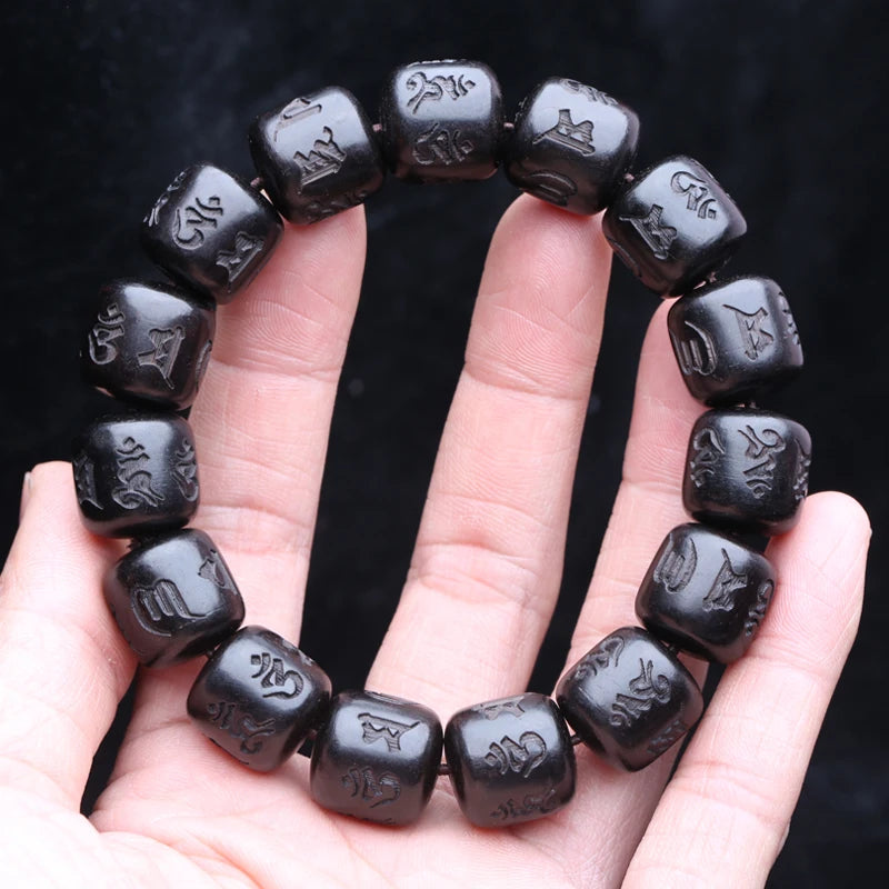 Authentic Natural Ebony Tibetan Six-Character Mantra Tibetan Prayer Wheel Bracelet 15mm Unisex Bracelet
