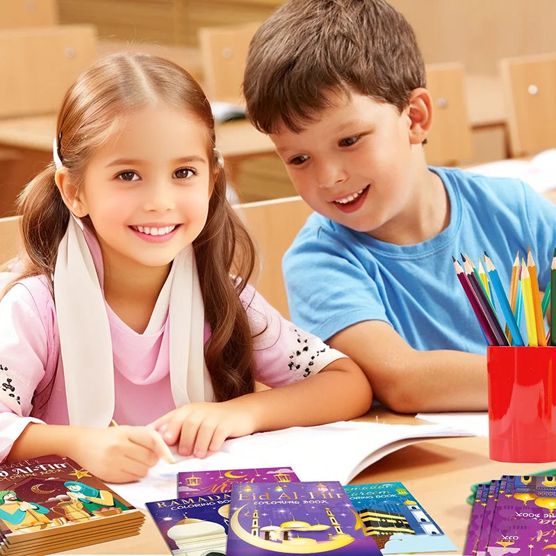 16PCS/1SET Ramadan Eid Mubarak Party Mini Coloring Book for Kids Muslim Festival Graffiti Painting Activity Party Supplies Gift