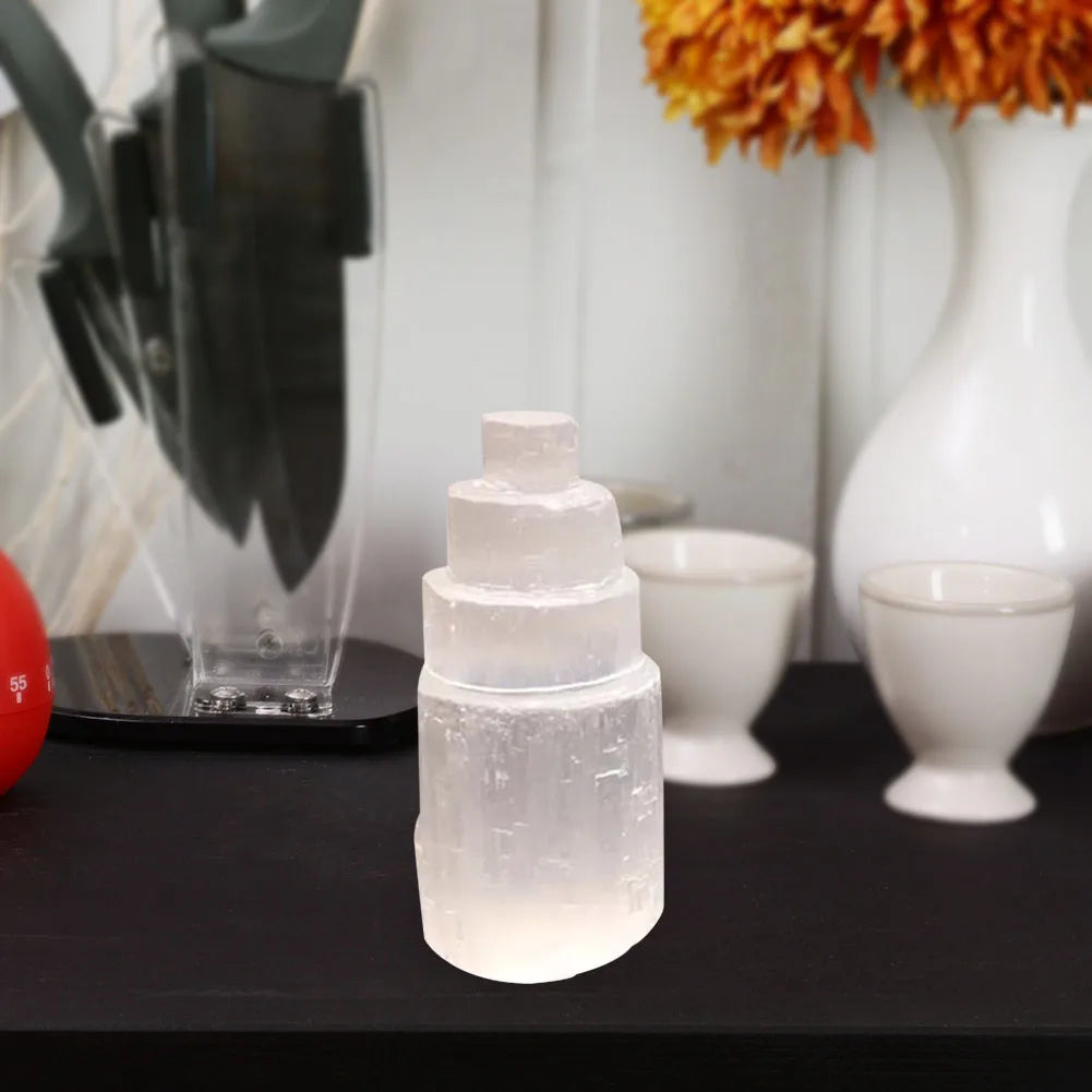 Selenite Tower Lamp Quartz Crystal Ornaments Craft Reiki Healing Home Decoration