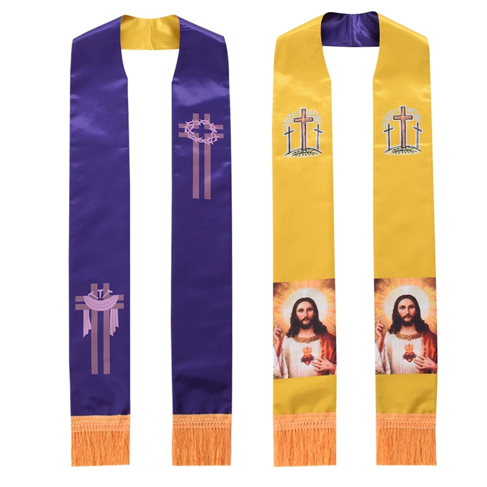 Clergy Stole Church Overlay Double Sided Cross Gold Tassels Scarf for Priest Choir