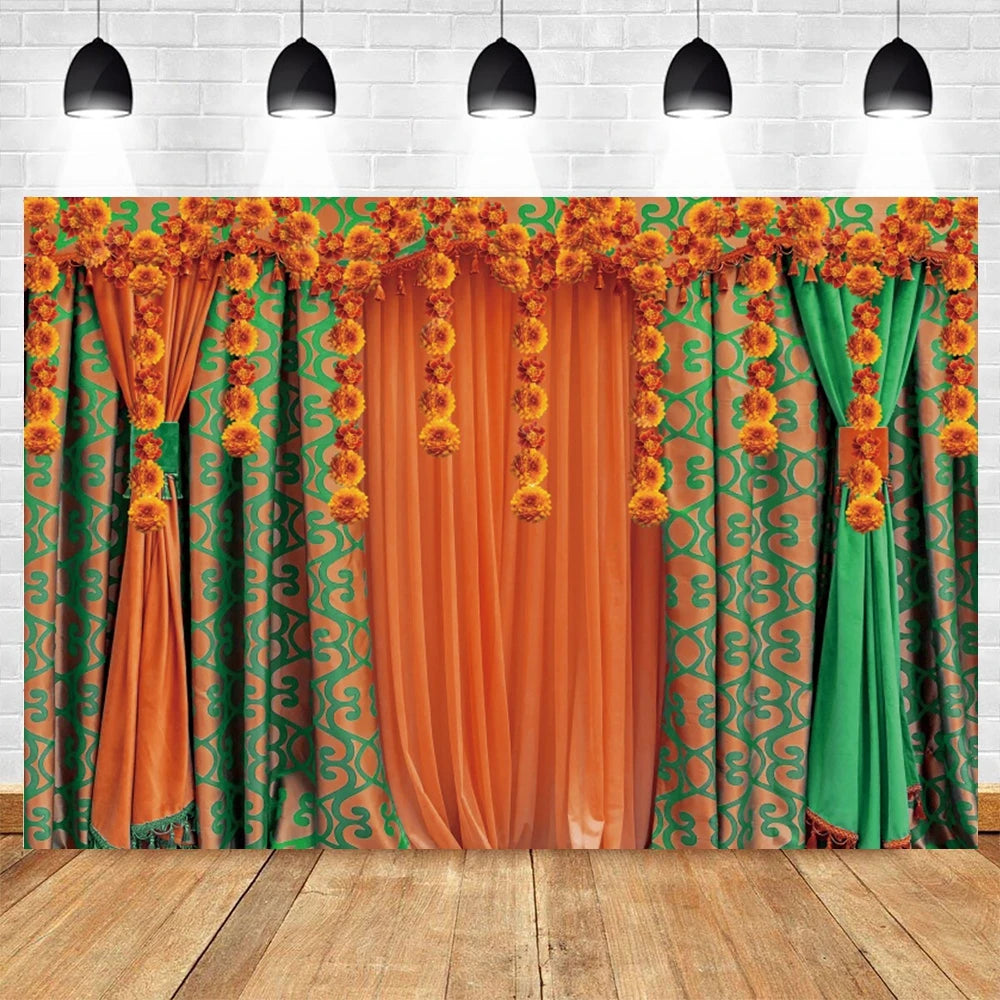 Indian Traditional Photography Background Marigold Green Leaf Hindu Indian Wedding Holi Flowers Garland Anniversary Backdrops