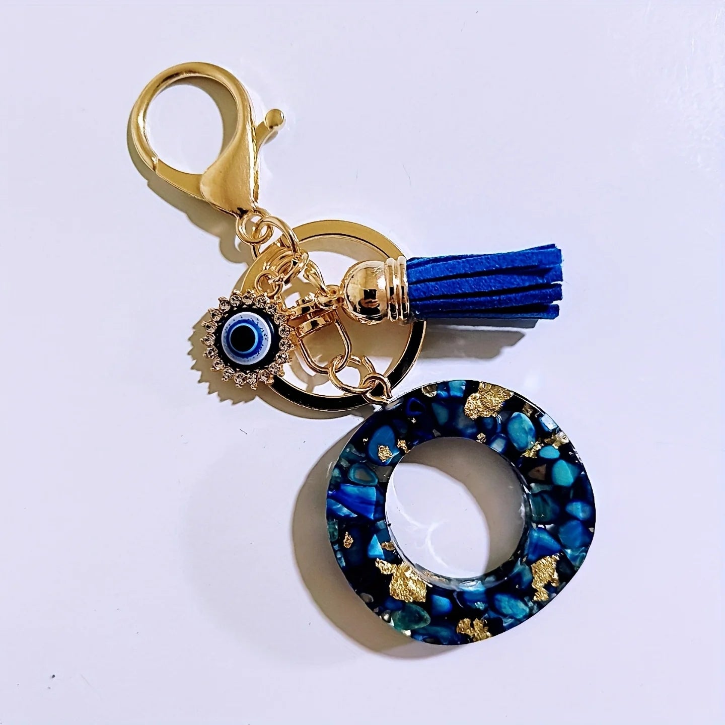 Blue Resin Initial Keychain - Evil Eye Letter Charm with Rhinestones & Tassel, Stylish Gift for Women, Lobster Clasp Accessory