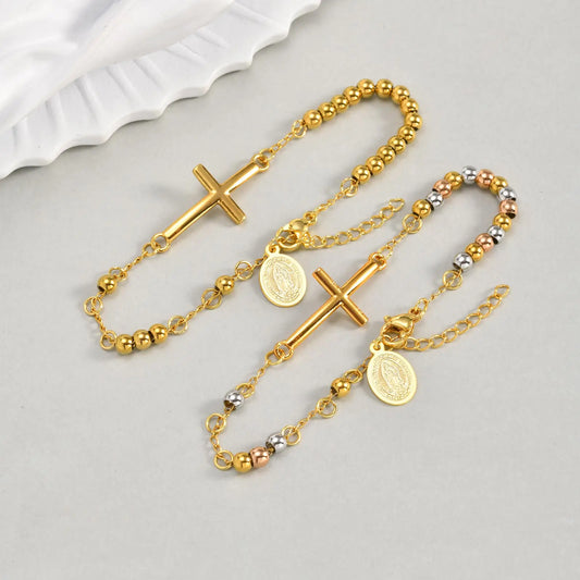 Women's Rosary Cross Virgin Mary Bracelet,Stainless Steel Vintage Charm Beaded Bracelets,Religious Prayer Jewelry Gifts