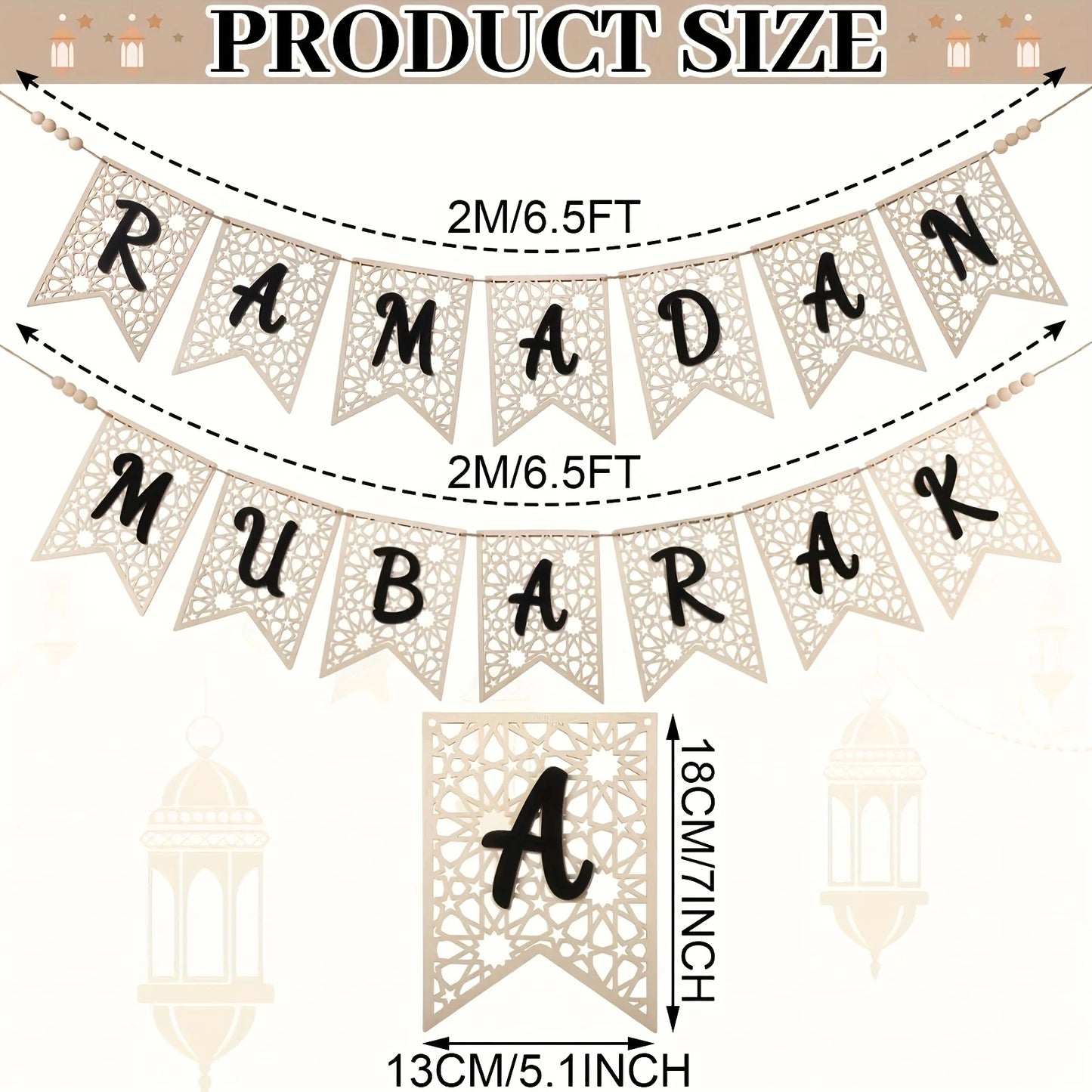 2pcs Eid Mubarak Banner Wooden Ramadan Mubarak Decoration Easy Beads Ramadan Decoration Banner Muslim Party Decoration Supplies