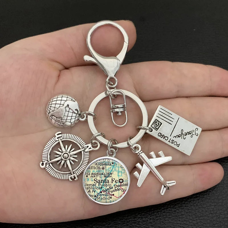 New ideas Earth plane keychain pendant earth compass personality memorial key ring gift for travel lovers
