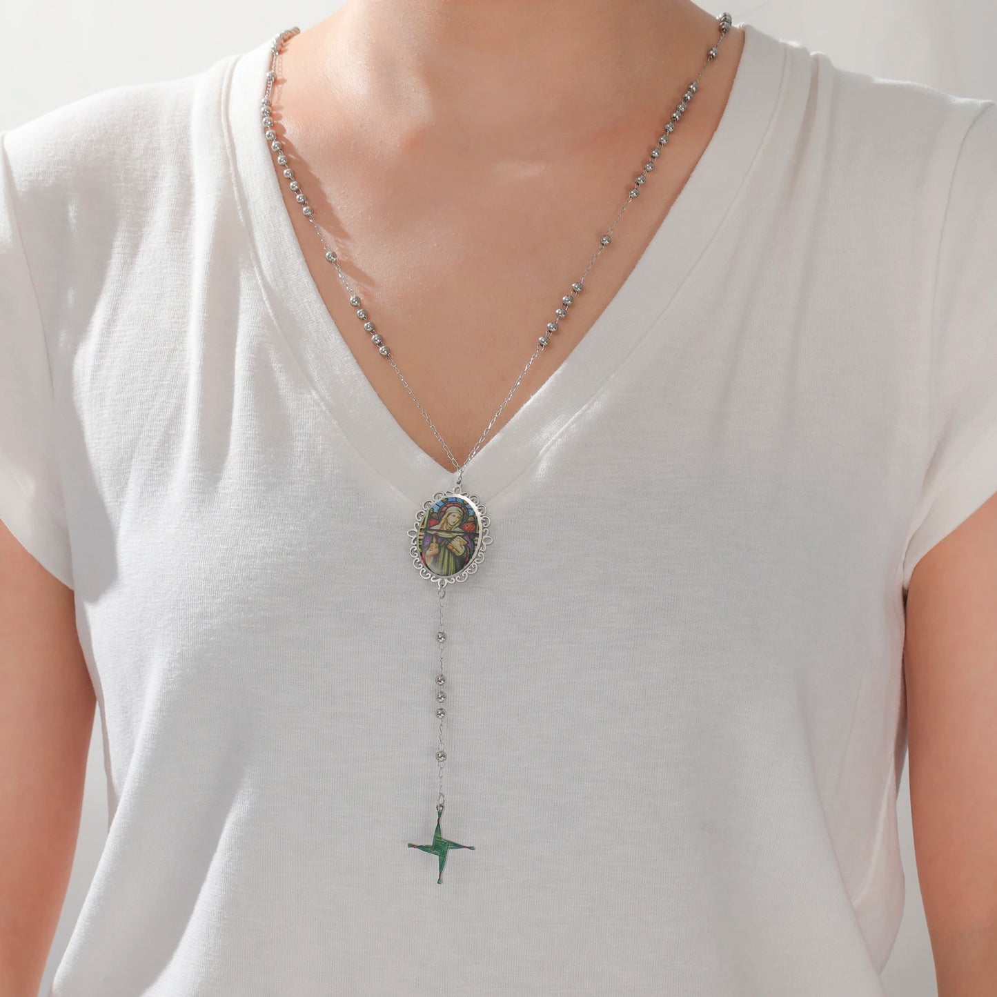 Kkjoy Saint Brigid Goddess Cross Rosary Necklace Stainless Steel Gold Silver Print Celtic Religious Irish Vintage Faith Jewelry