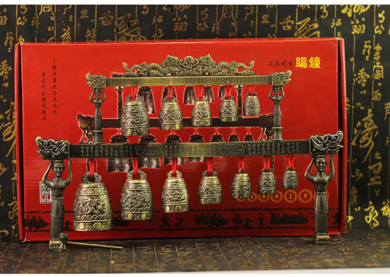 Chinese Old Meditation Gong with 7 Ornate Bell with Dragon Design Chinese Musical Instrument Bronze Metal Handicraft Home Decor