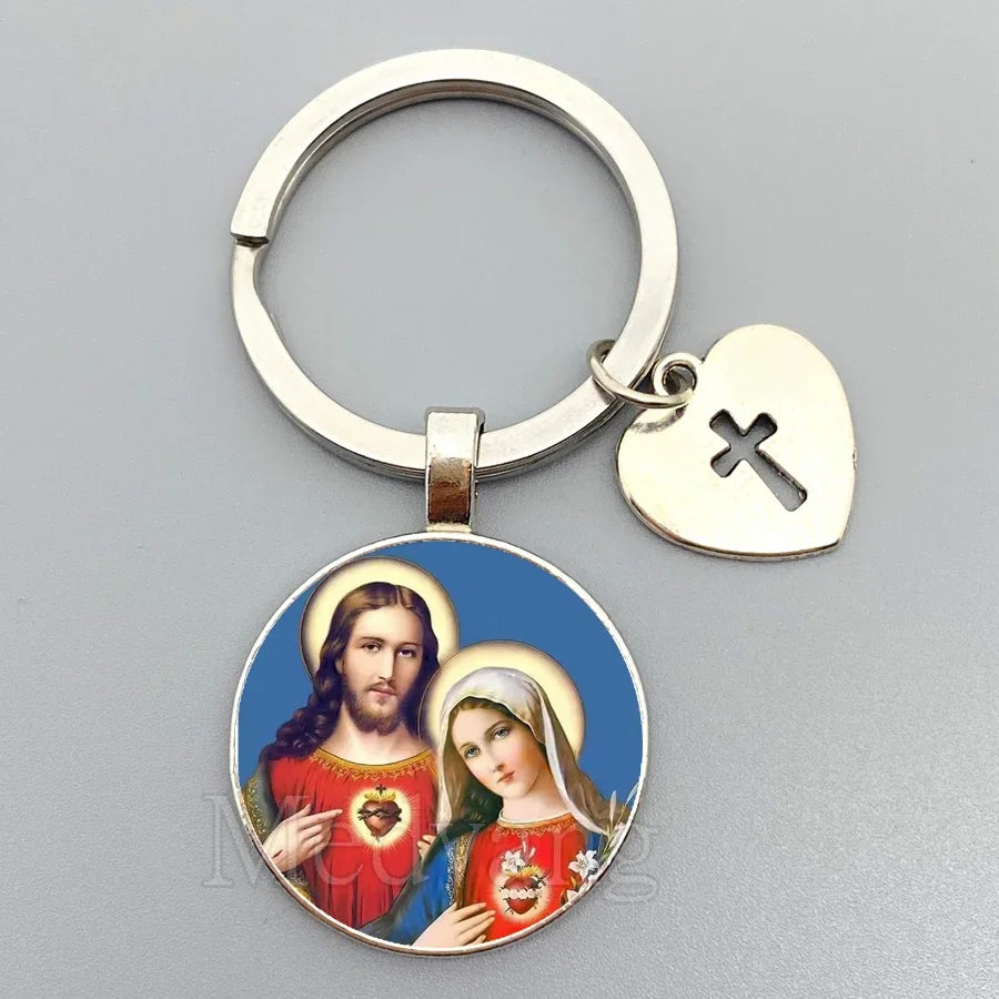 Jesus Sacred Heart Keychain Virgin Mary Glass Dome Key chain Catholic Men's and Women's Jewelry Gifts