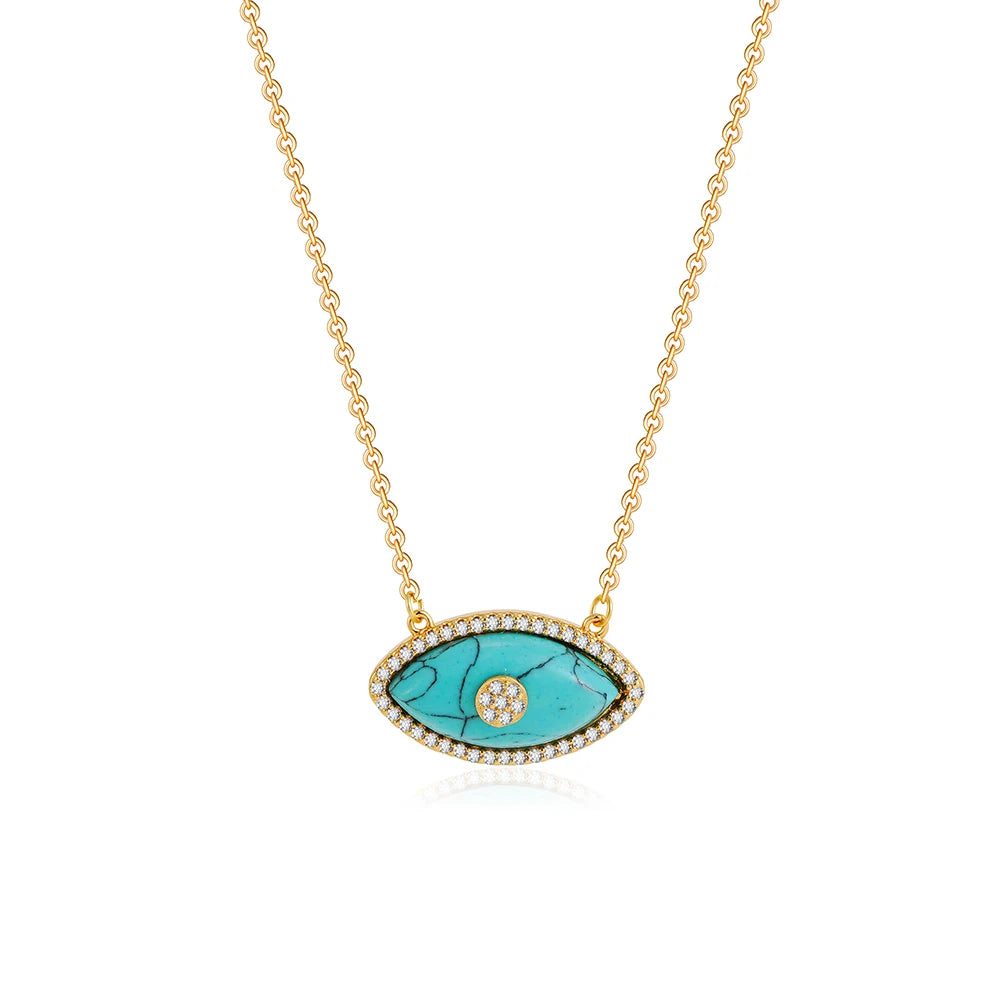 Luxury Natural Stone Evil Eye Pendant Necklace Inlaid Zircon Fashion Stainless Steel Clavicle Chain Jewelry Party Gift for Women