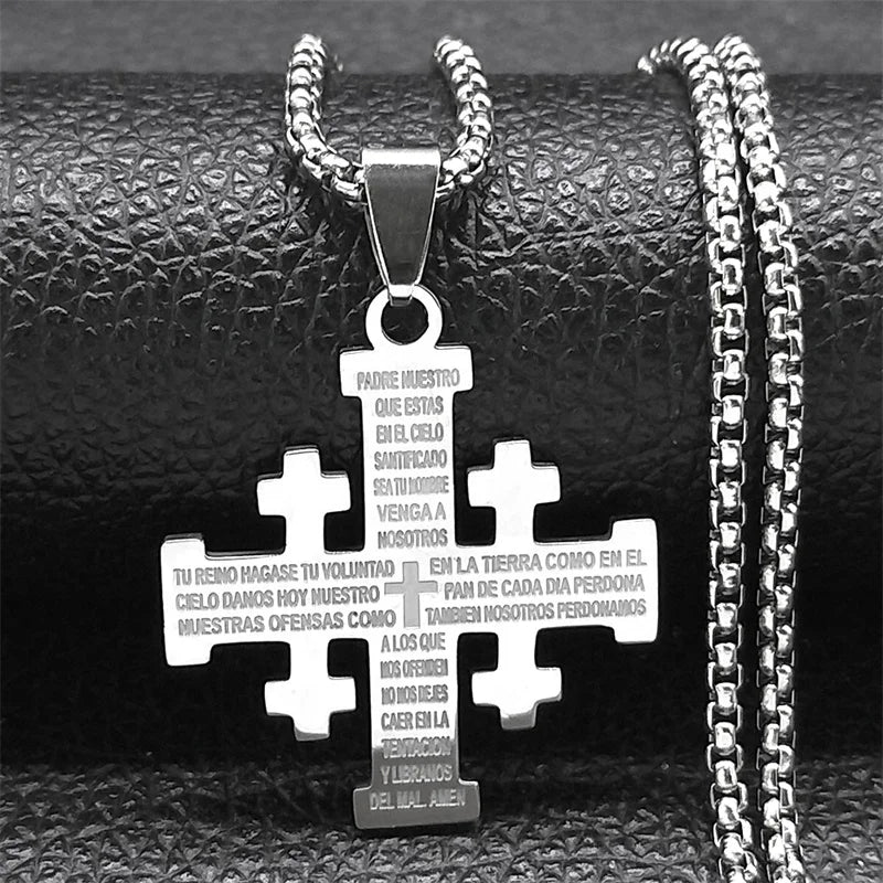 Christian Jerusalem Cross Pendant Necklace for Men Women Stainless Steel Bible Verse Lord's Prayer Chain Jewelry collar N3239S02