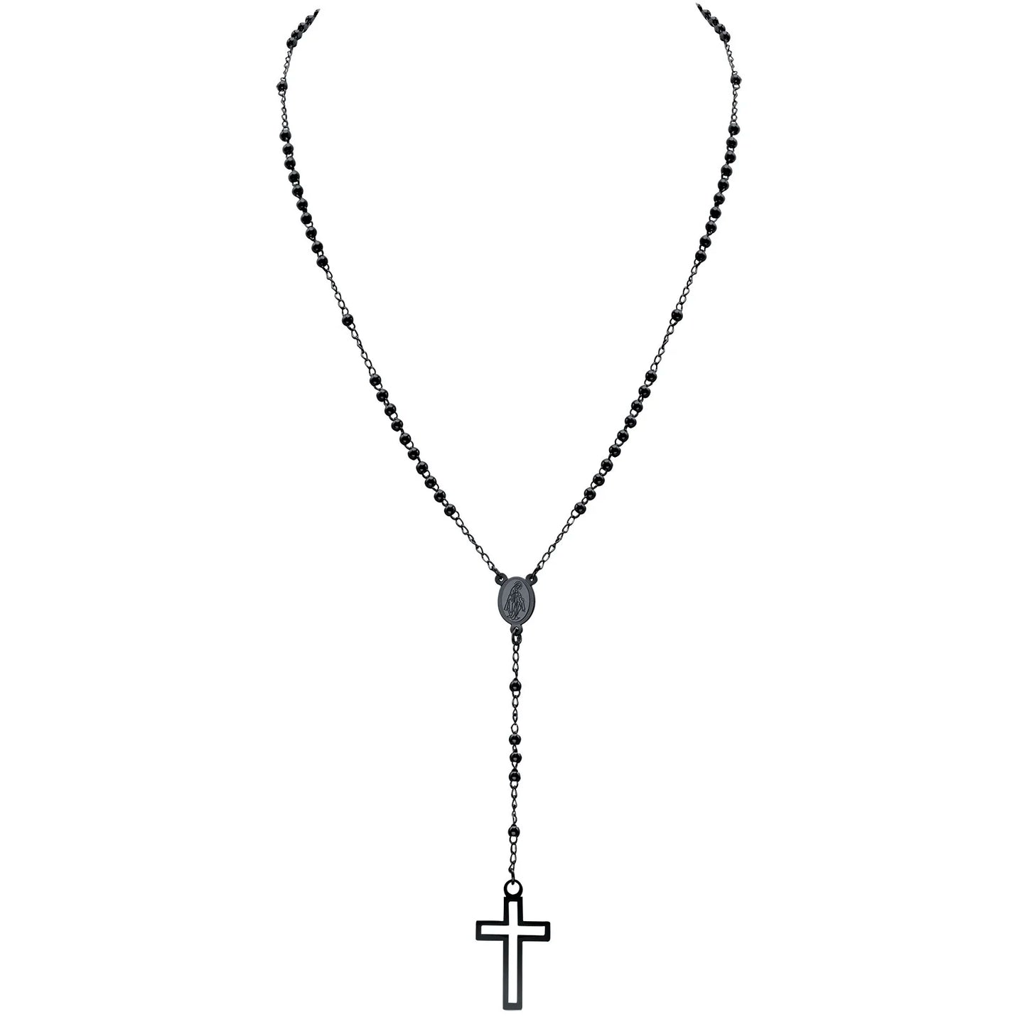 Women Cross Rosary Necklace, Maria with Cross Pendant, Black Gold Color Stainless Steel Christ Jesus Prayer Church Jewelry