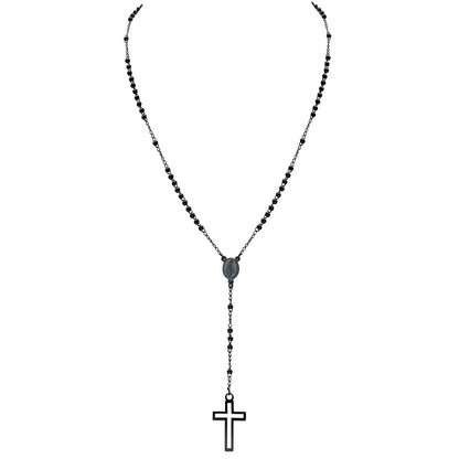 Women Cross Rosary Necklace, Maria with Cross Pendant, Black Gold Color Stainless Steel Christ Jesus Prayer Church Jewelry