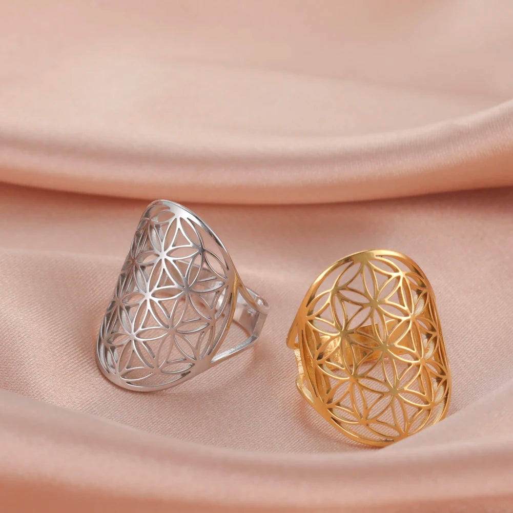 Unift Sacred Geometry Flower of Life Ring Adjustable Stainless Steel Ring Men Women Accessories Vintage Filigree Jewelry Gifts