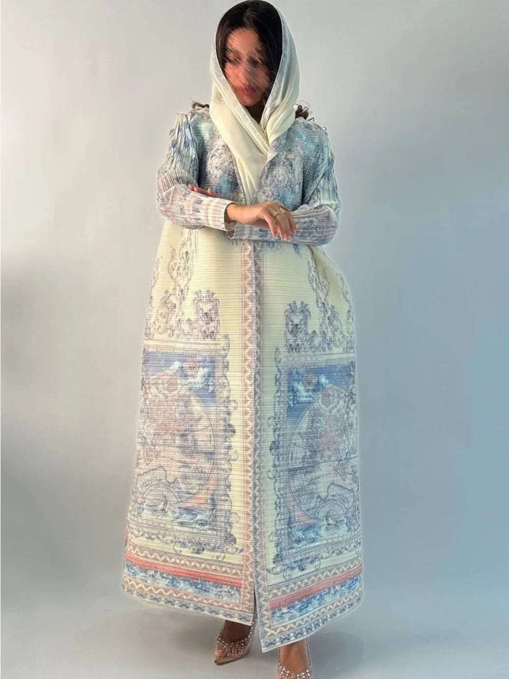 Muslim Pleated Abaya Stretch Open Dress Dress Women Eid Maxi Caftan Cardigan Robe Print Dubai Kaftan Islam Vestidos Jalabiya