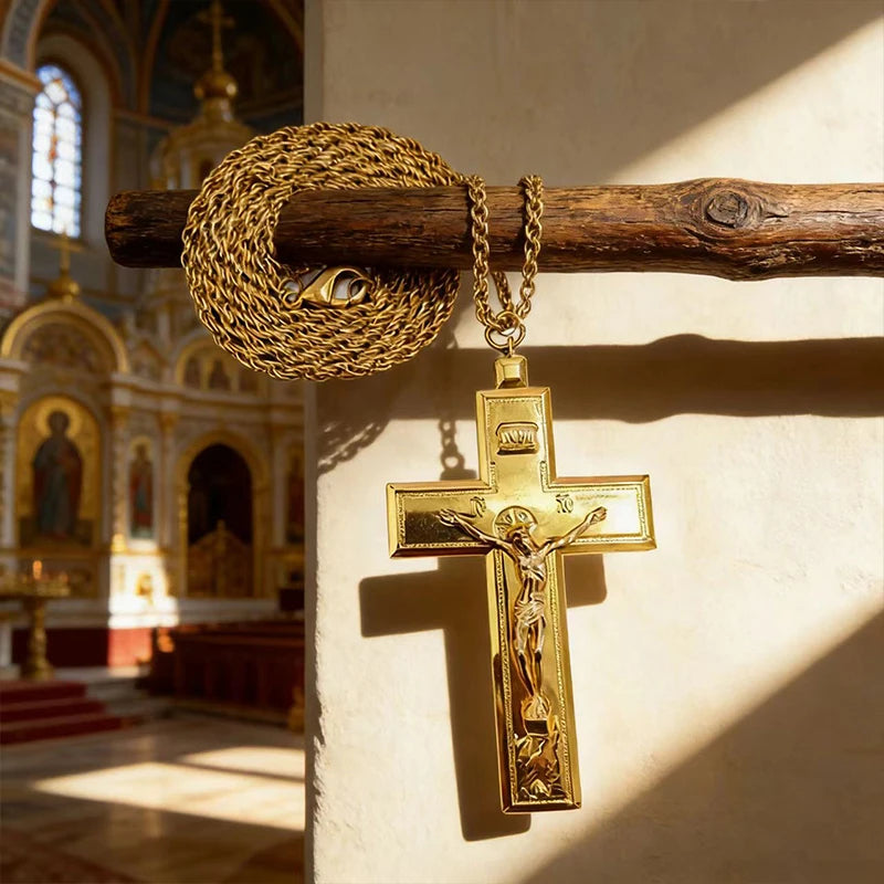 New Gold Plated Catholic Christian Jesus Crucifix Cross Pendant Necklace Religious Jewelry for Men Women Faith Devotional Gift