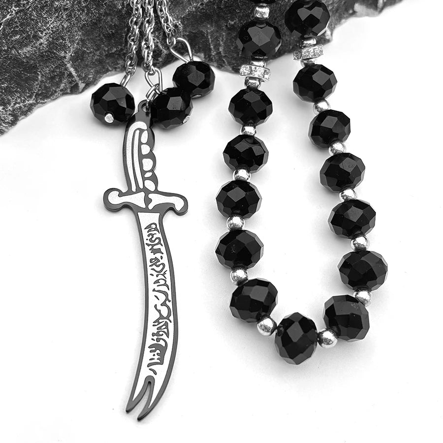 Islamic Imam Ali Zulfiqar Sword Car Pendant for Women Men Stainless Steel Gold Color Arabic Religion Blue Glass Chain Jewelry