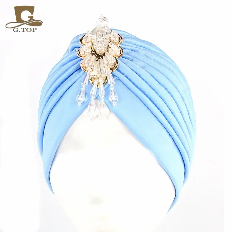 NEW Luxury Divas Stretchable turban Head wrap hat with beaded pendant women Headwear