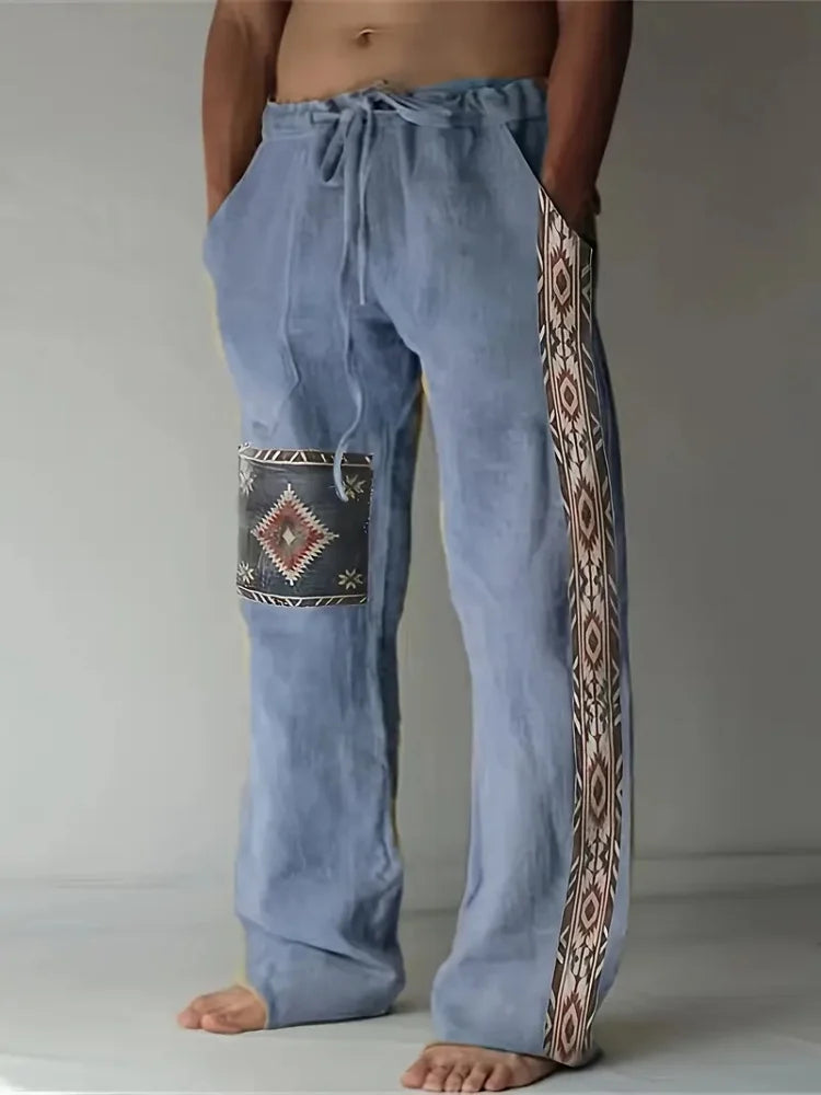 Retro Compass Printed Men's Casual Pants Harajuku Street Trendy Men's Straight Leg Pants Casual High Waisted Drawstring Pants