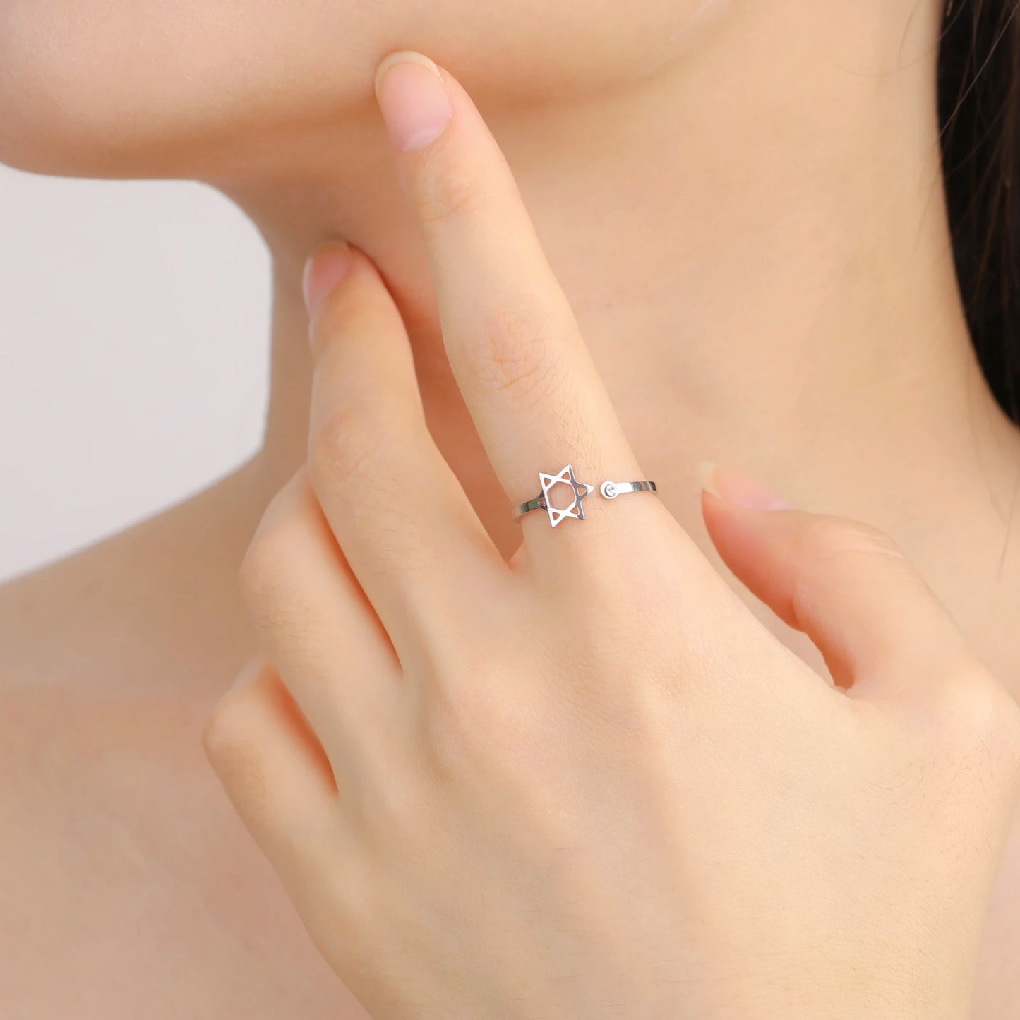 Teamer Jewish Star of David Open Ring with Clear Zircon Stainless Steel Ring Women Hexagram Jewelry Birthday Gift Wholesale