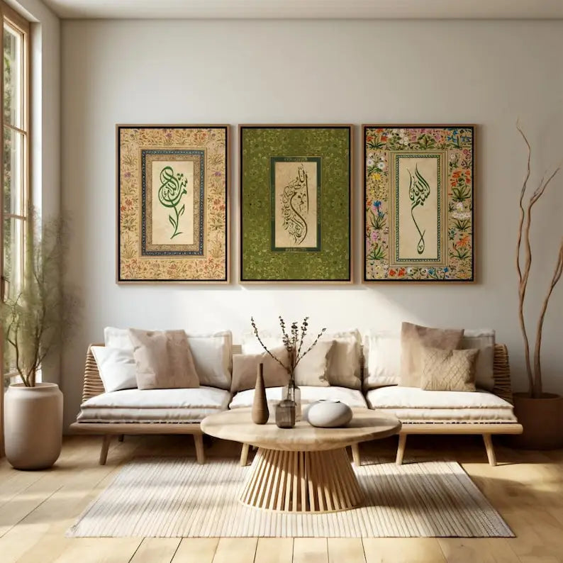 1/3pcs Islamic Muslim Arabic Calligraphy Canvas Print Bohemian Flowers Plants Wall Art Poster for Home Decor Perfect Eid Gift