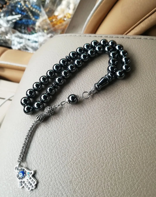 100% Natural 33 hematite Fatima/Hamsa jewelry Muslim rosary prayer beads Tasbih tesbih Allah Masbaha Misbaha sibha subha