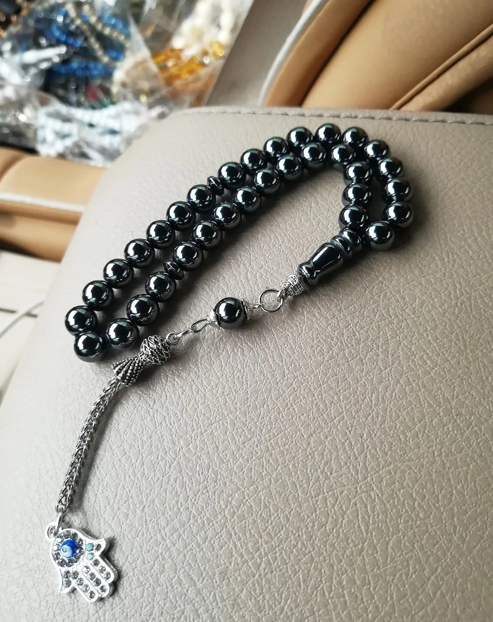 100% Natural 33 hematite Fatima/Hamsa jewelry Muslim rosary prayer beads Tasbih tesbih Allah Masbaha Misbaha sibha subha