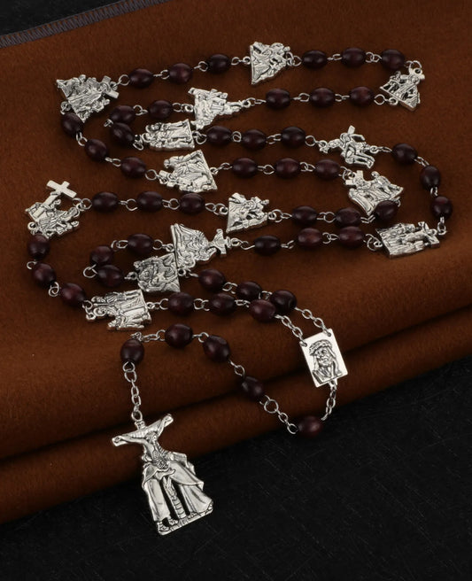 14 Stations of Cross Pendant Chaplet Rosary Necklace Wooden Prayer Beads Chain Catholic Religious Sacraments Jewelry Gifts