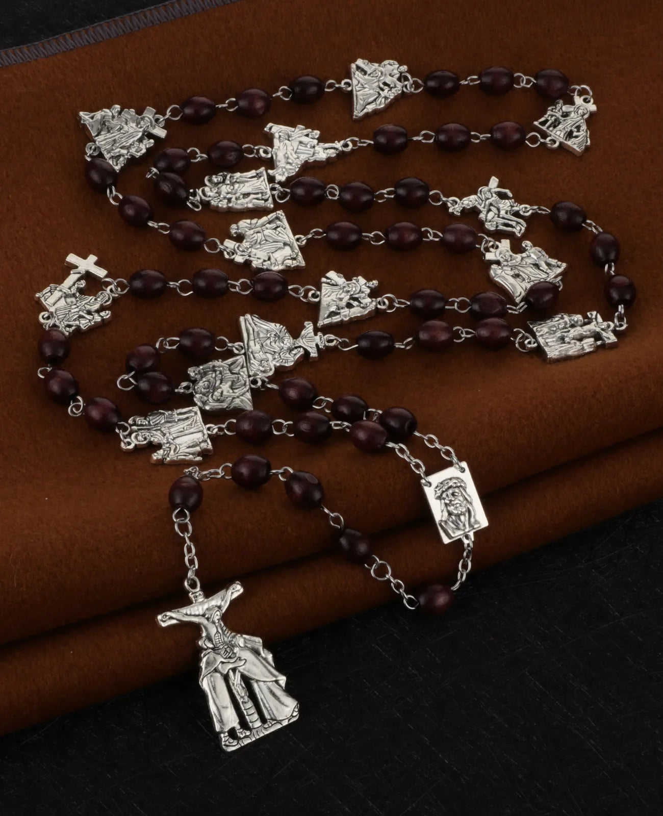 14 Stations of Cross Pendant Chaplet Rosary Necklace Wooden Prayer Beads Chain Catholic Religious Sacraments Jewelry Gifts