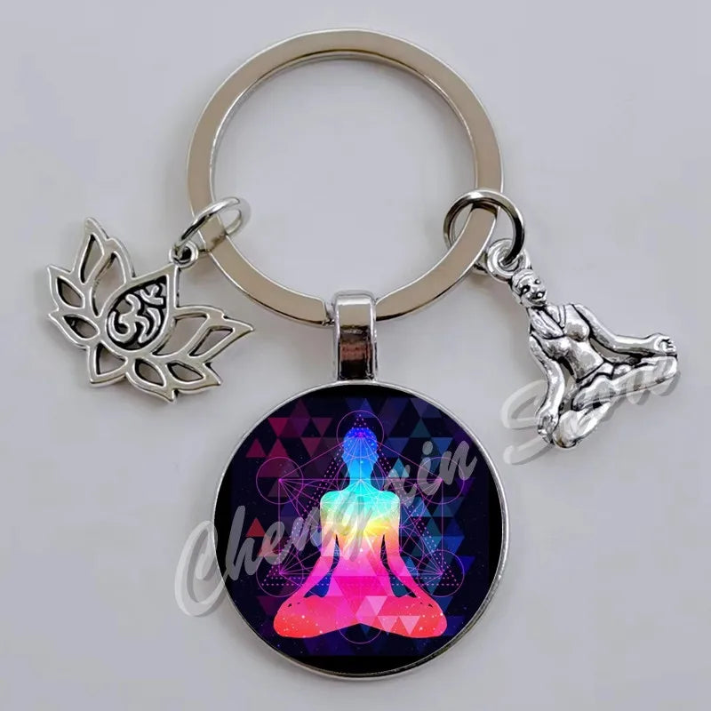 Indian Buddha Meditation 7 Chakra Mandala Psychedelic Yoga Glass Cabochon Keychain Ornament